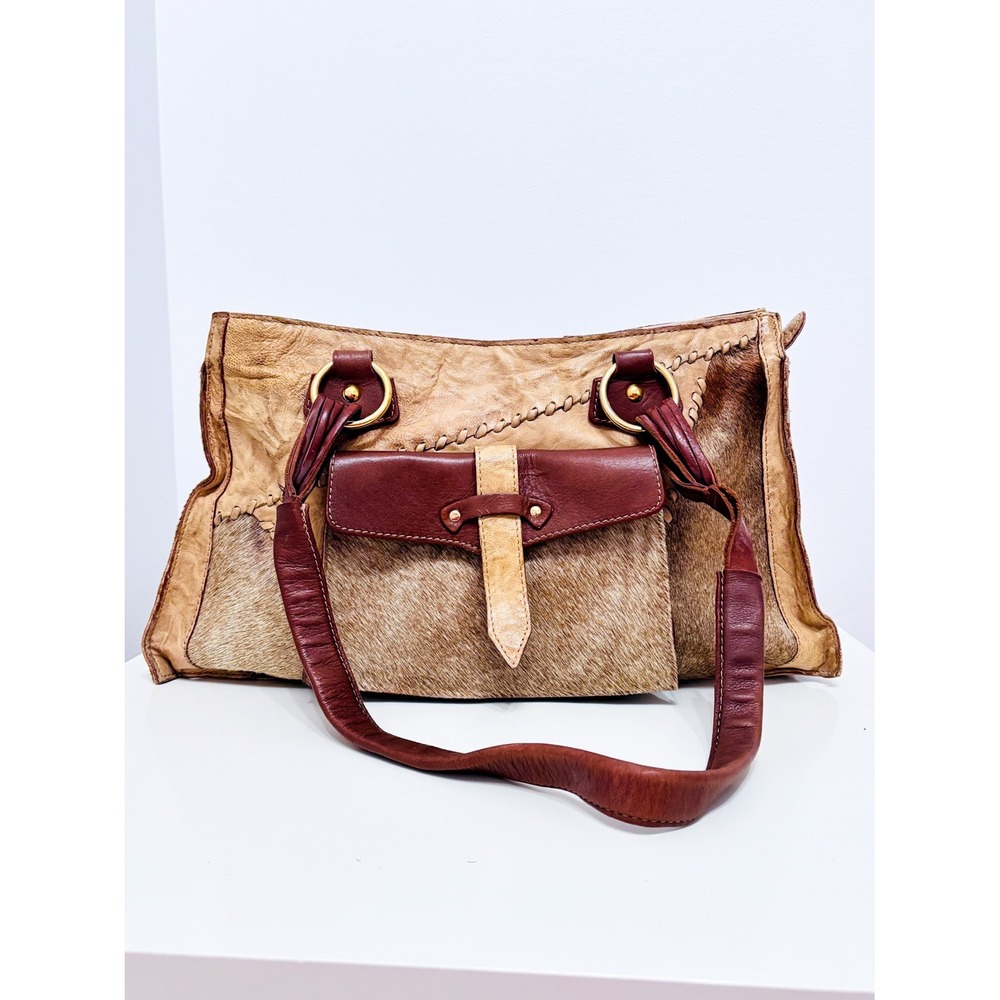 NARDELLI Beige Leather Shoulder Tote Bag Hair-On Panels Burgundy Trim
